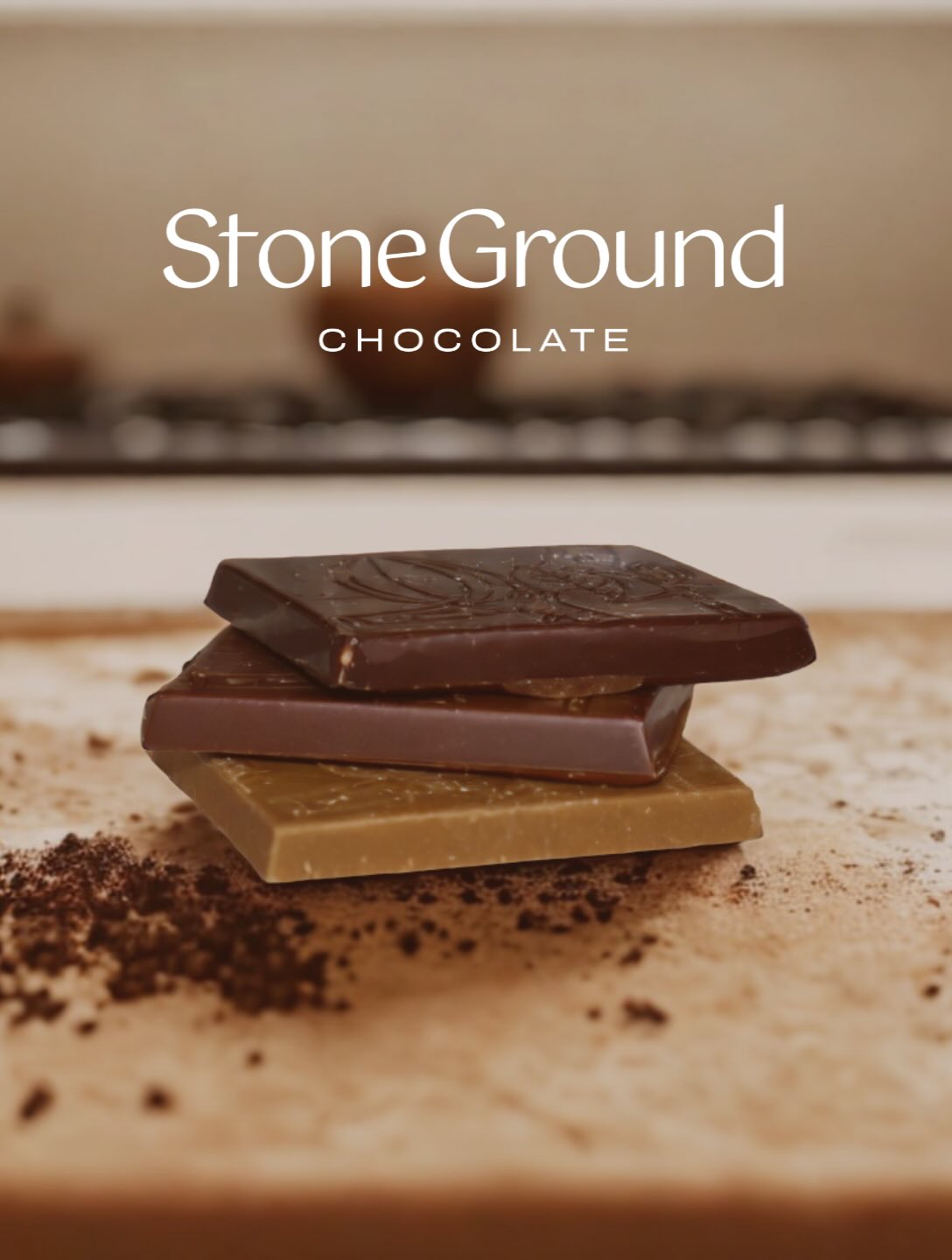 A stack of dark, milk and blonde StoneGround chocolate