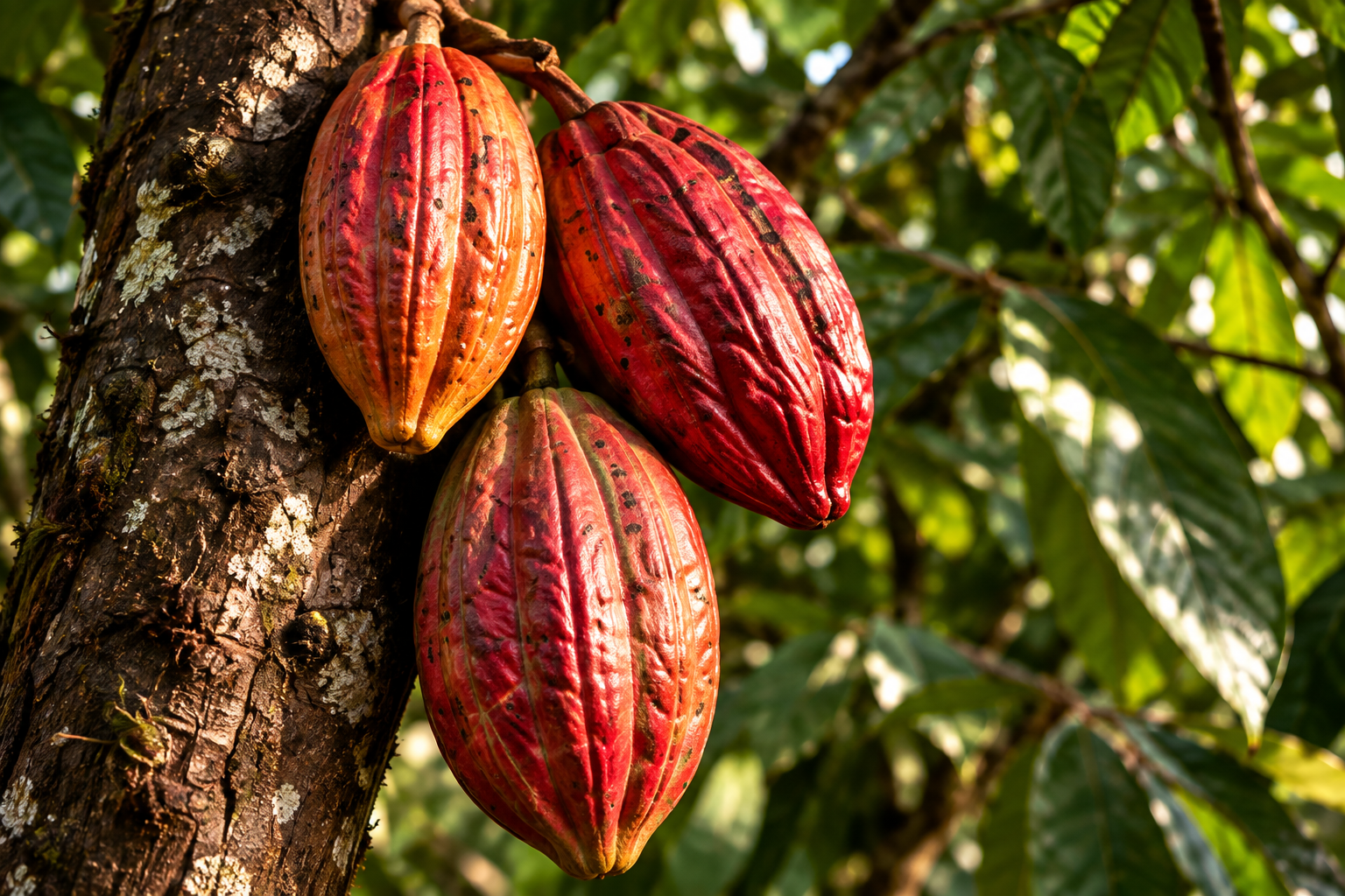 Ripe cacao pods growing on a cacao tree